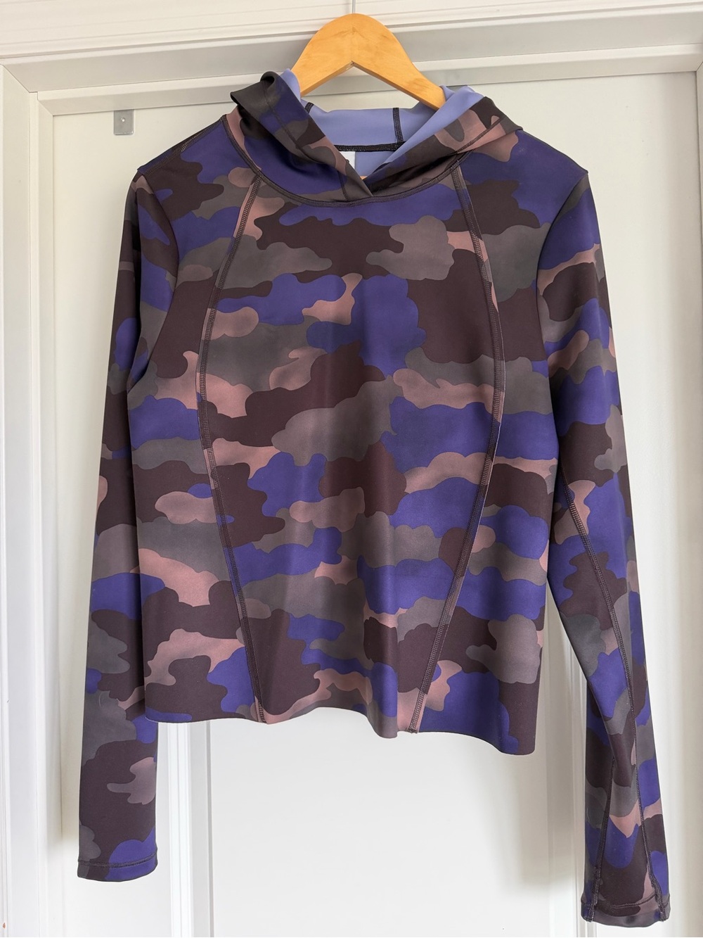 Athleta Purple and Gray Camo Hooded Long-Sleeve Top